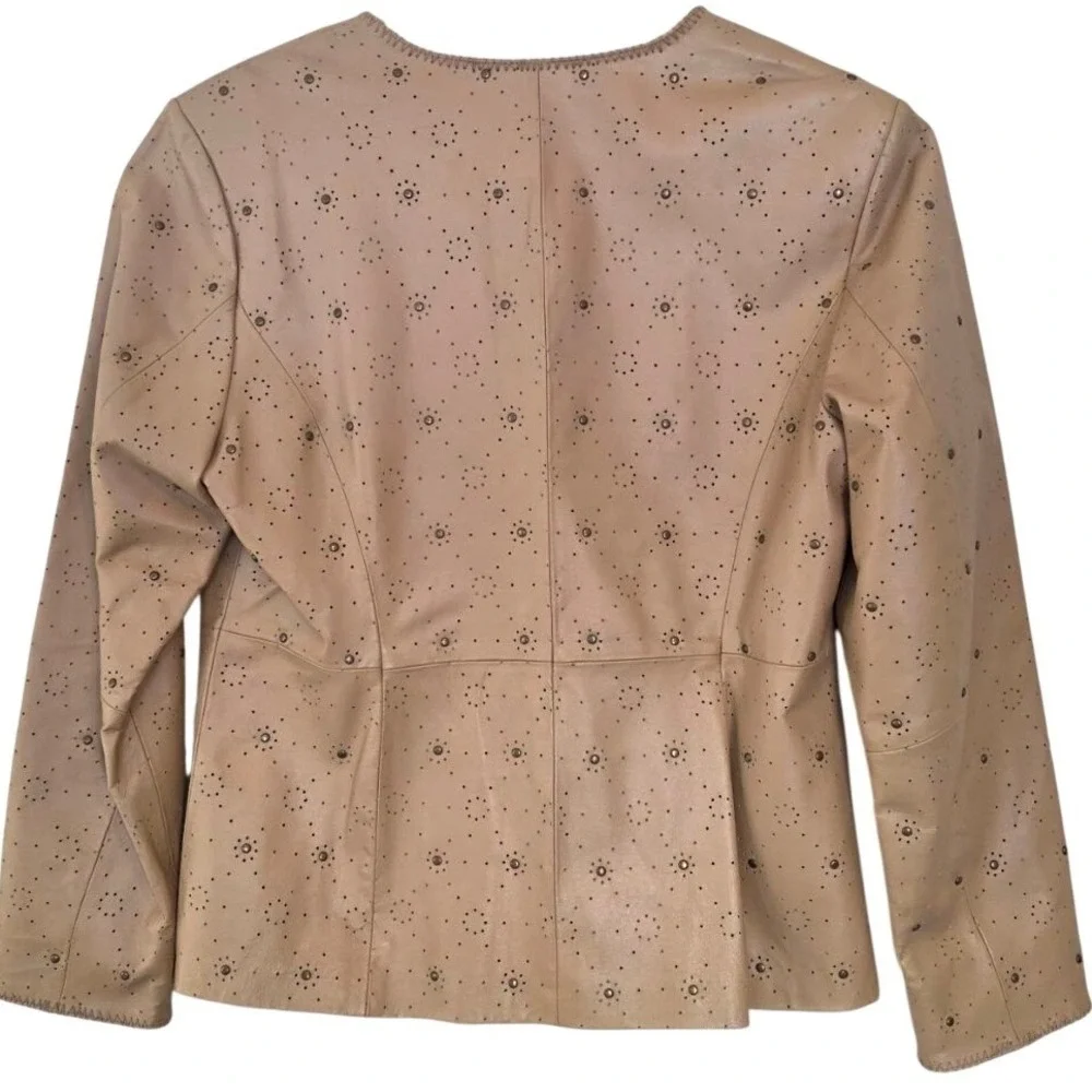 Pamela McCoy Tan Leather Jacket Perforated Studded Whipstitch Tan Medium PM-2016